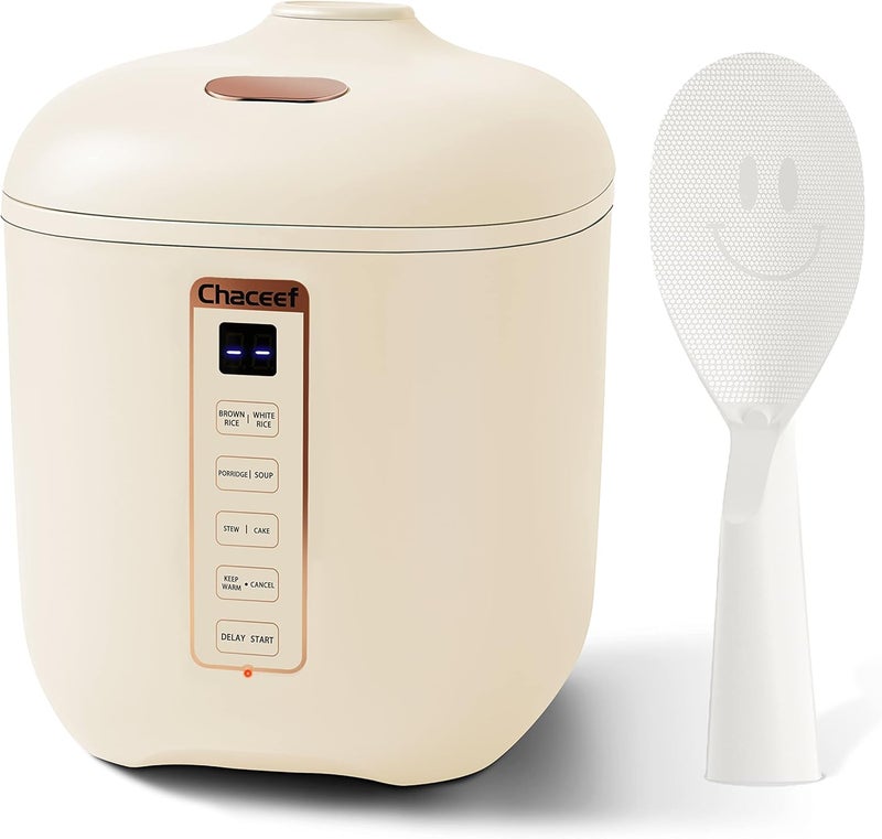 CHACEEF Mini Rice Cooker 2 Cups Uncooked, 1.2L Rice Cooker Small, Portable Non-Stick Small Travel Rice Maker, BPA Free, Smart Control Multifunction Cooker with 24 Hours Timer Delay & Keep Warm Function, Beige - Image 1
